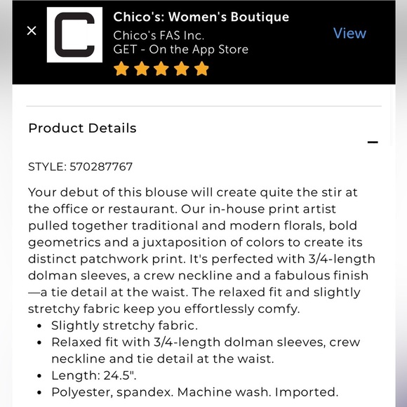 Chico’s Patchwork Floral Dolman 3/4 Sleeve Tie-Waist Relaxed Fit Blouse 3/XL/16 - Picture 11 of 13